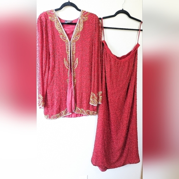 Vintage Milano 100% Silk Beaded 2pc set, Red and Gold Sequins, Stunning! XL - Picture 1 of 12